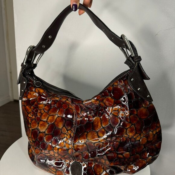Donald J. Pliner Tortoiseshell Patent Leather Hobo Bag Brown Excellent Condition - Picture 2 of 5